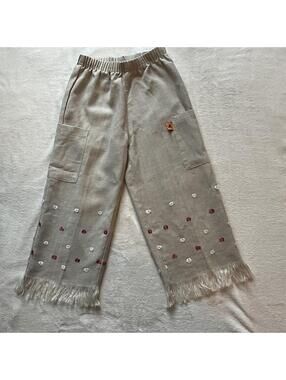 Vintage Clayeux France Girls Embroidered Linen Fringe Pants Size 10 / 10A